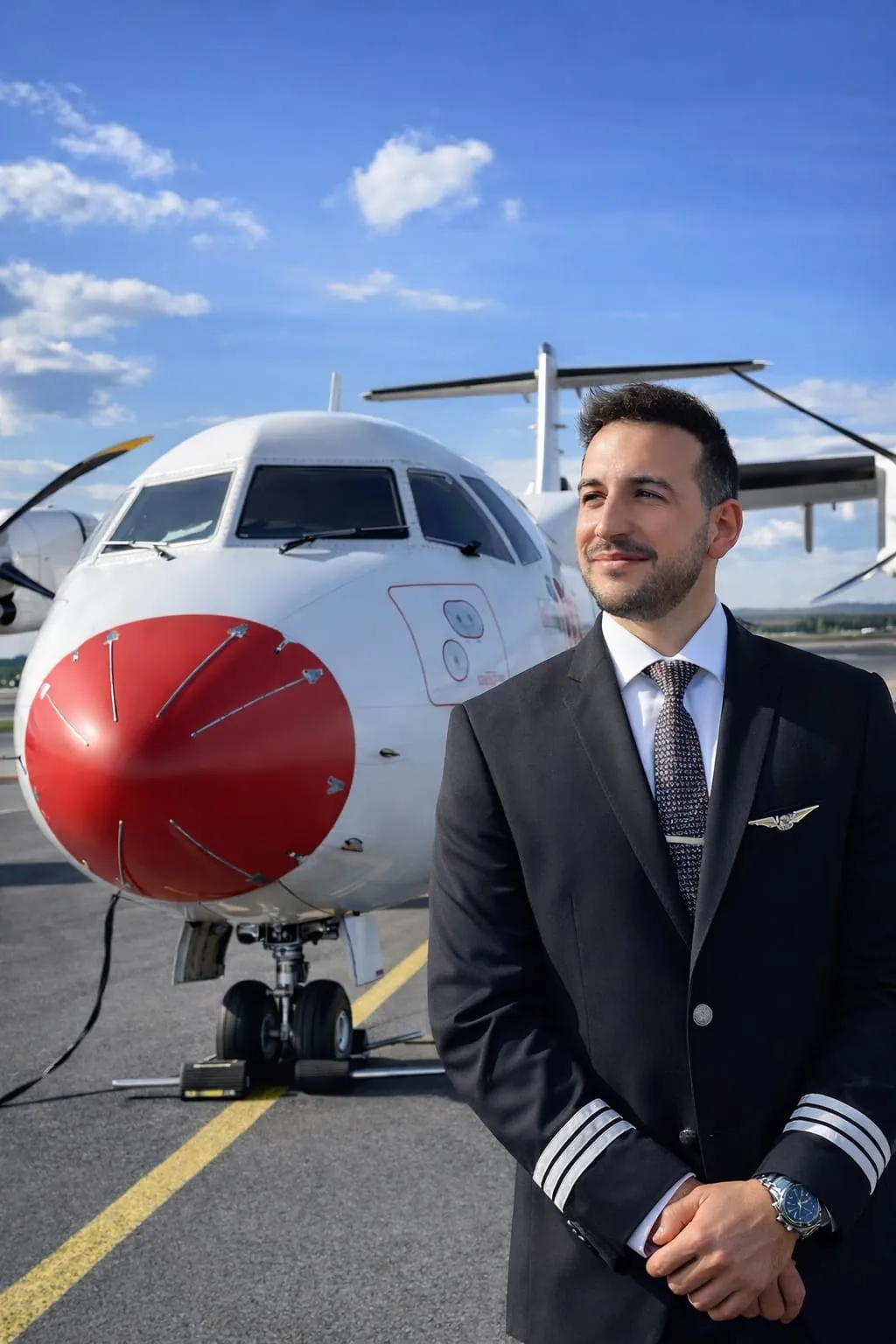 Abdollah Mohammadpour in airline pilot uniform standing beside an airliner