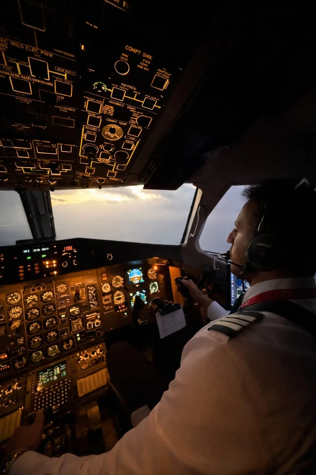 Airliner cockpit at night